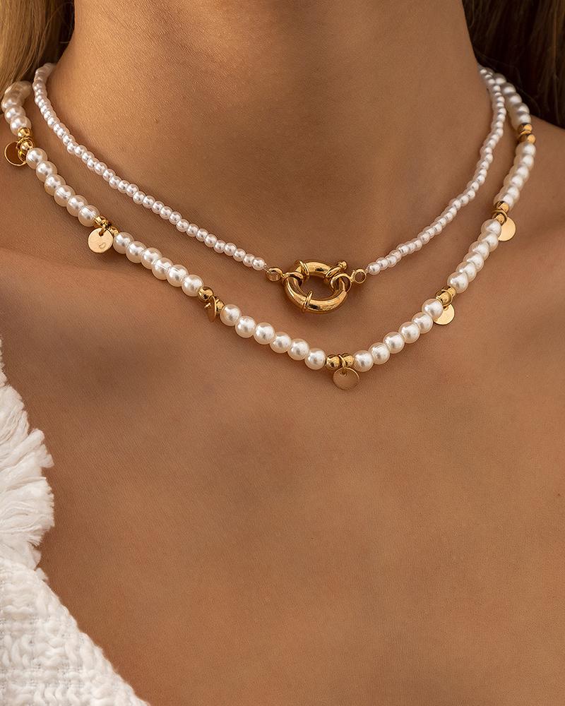 

Disc Faux Pearl Layered Necklace, Gold
