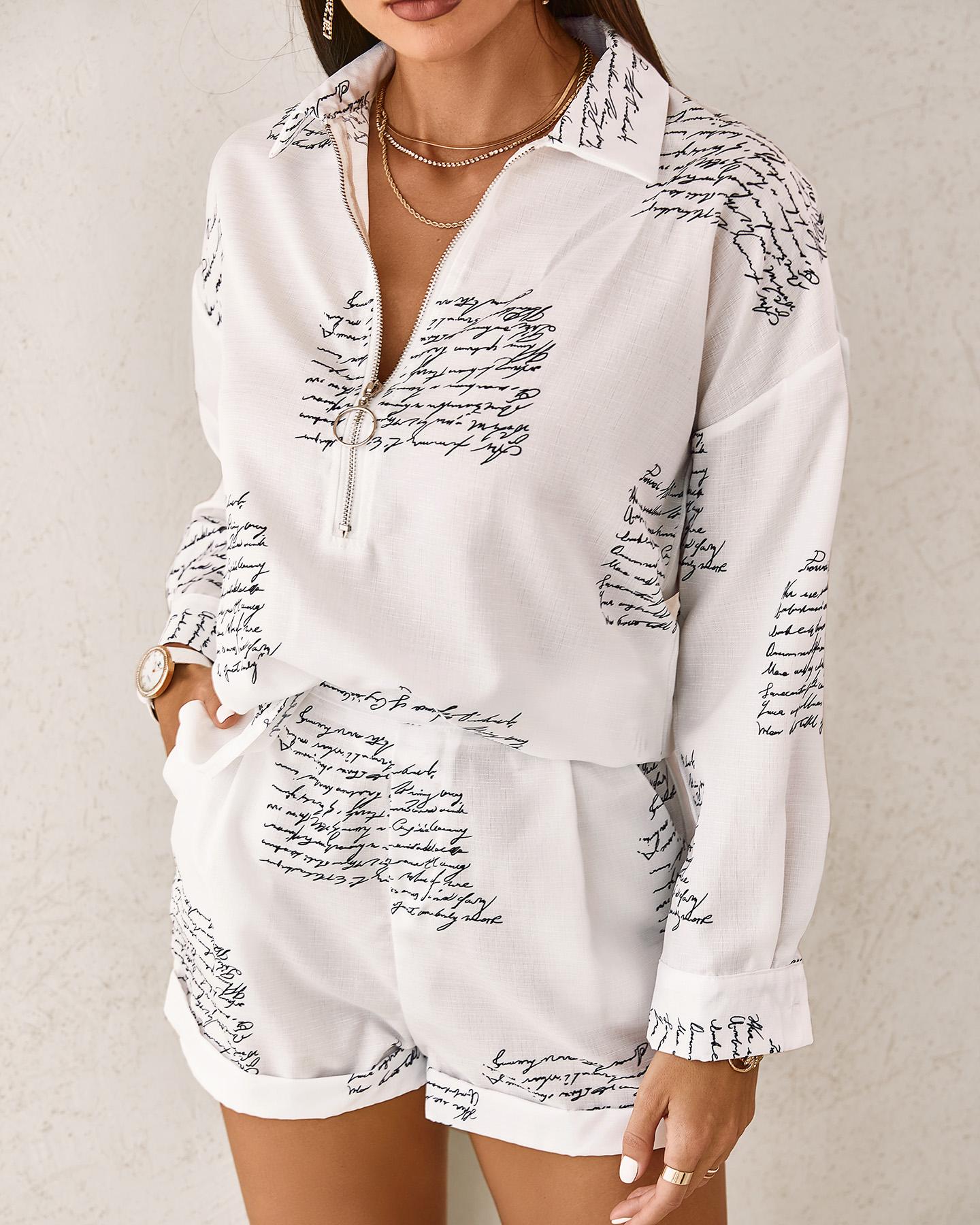 

Letter Print Long Sleeve Shirt & Pocket Design Shorts Set, White