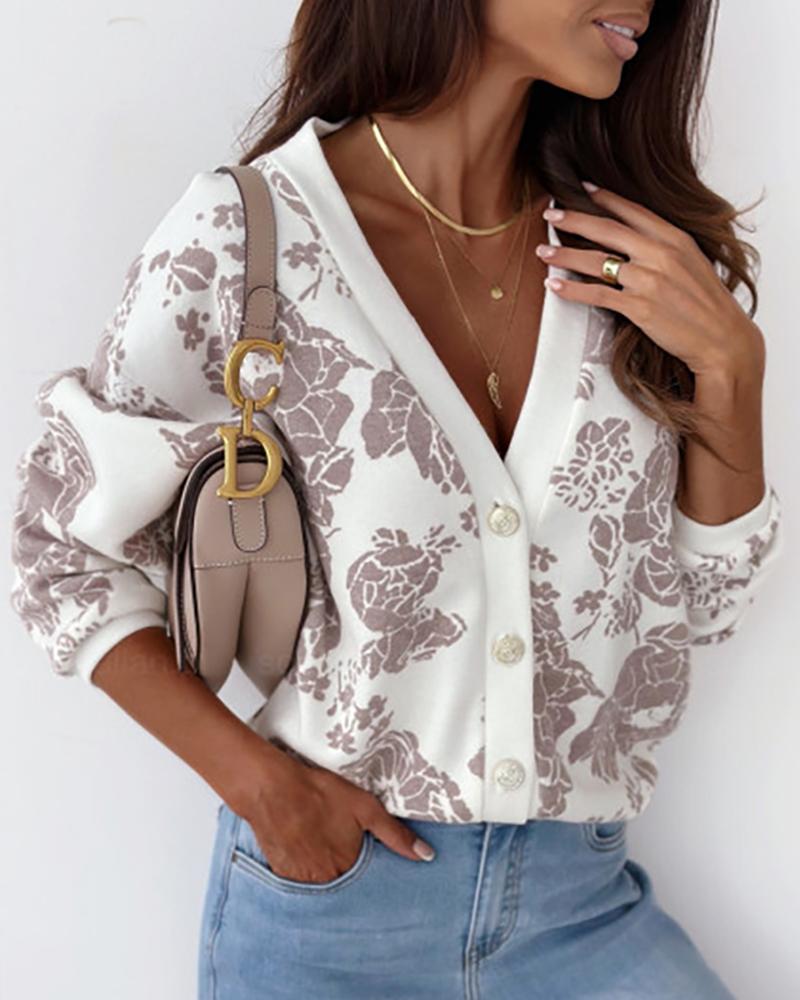 

Floral Print V-Neck Buttoned Cardigan, White