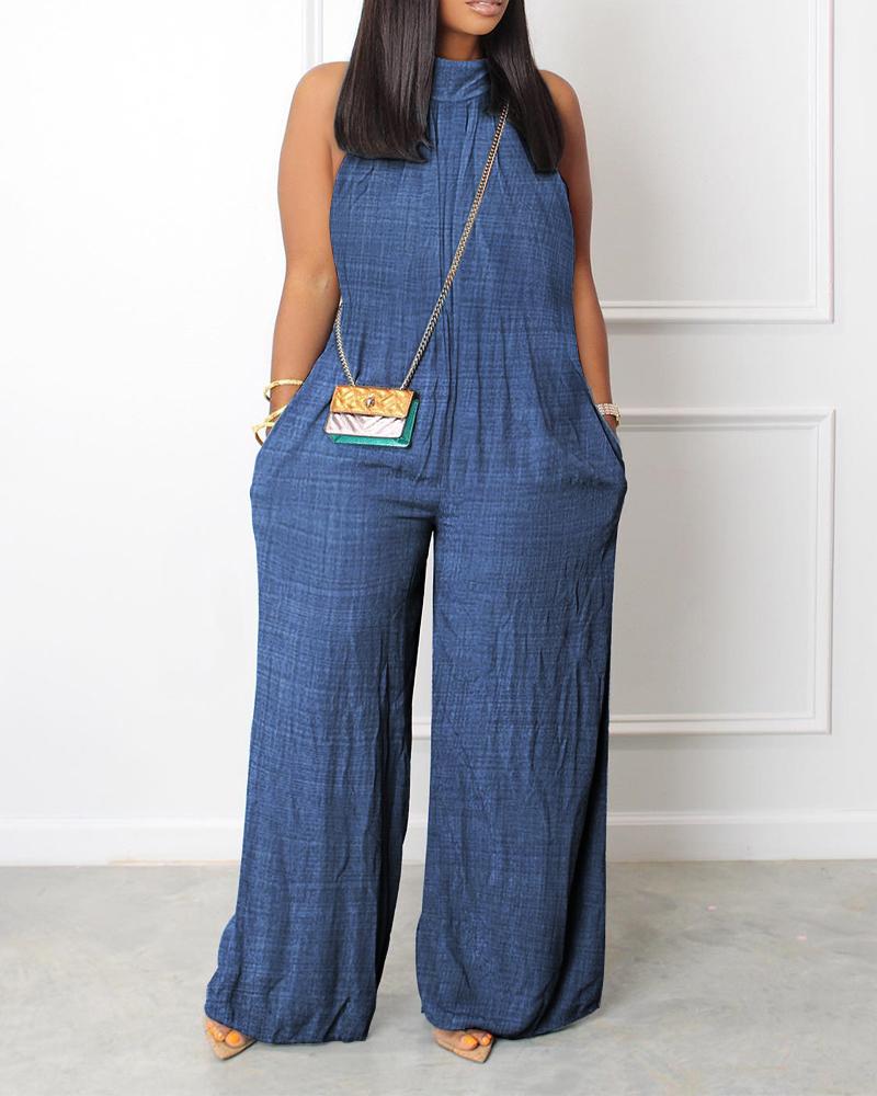 

Pocket Design Wide Leg Jumpsuit, Blue