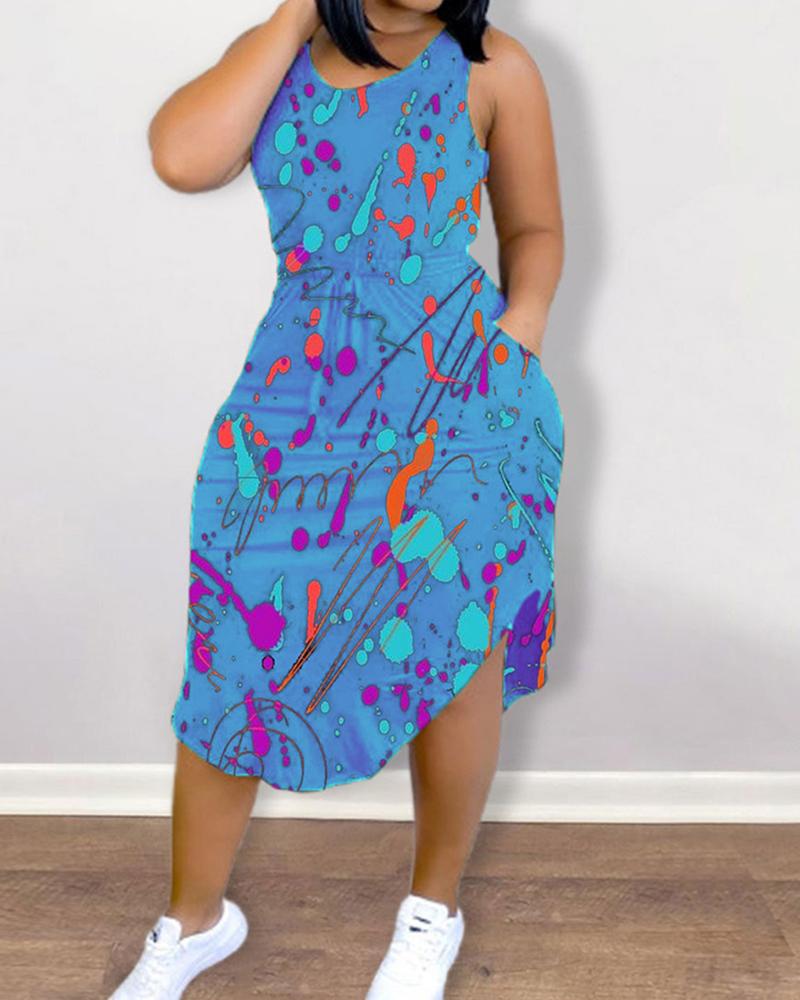 

Ink Splash Print Strap Sleeveless Slim Midi Dress, Blue