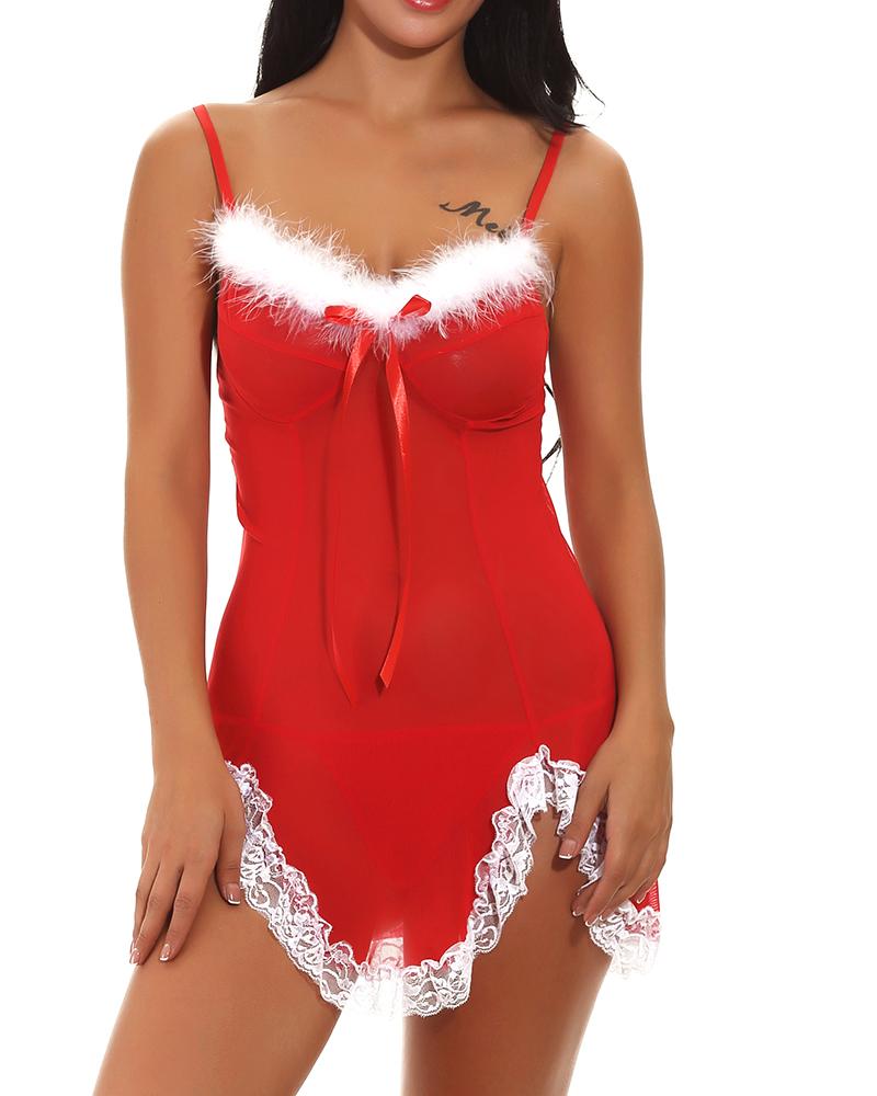 

Fluffy Lace Trim Bowknot Front Christmas Lingerie Babydoll, Red