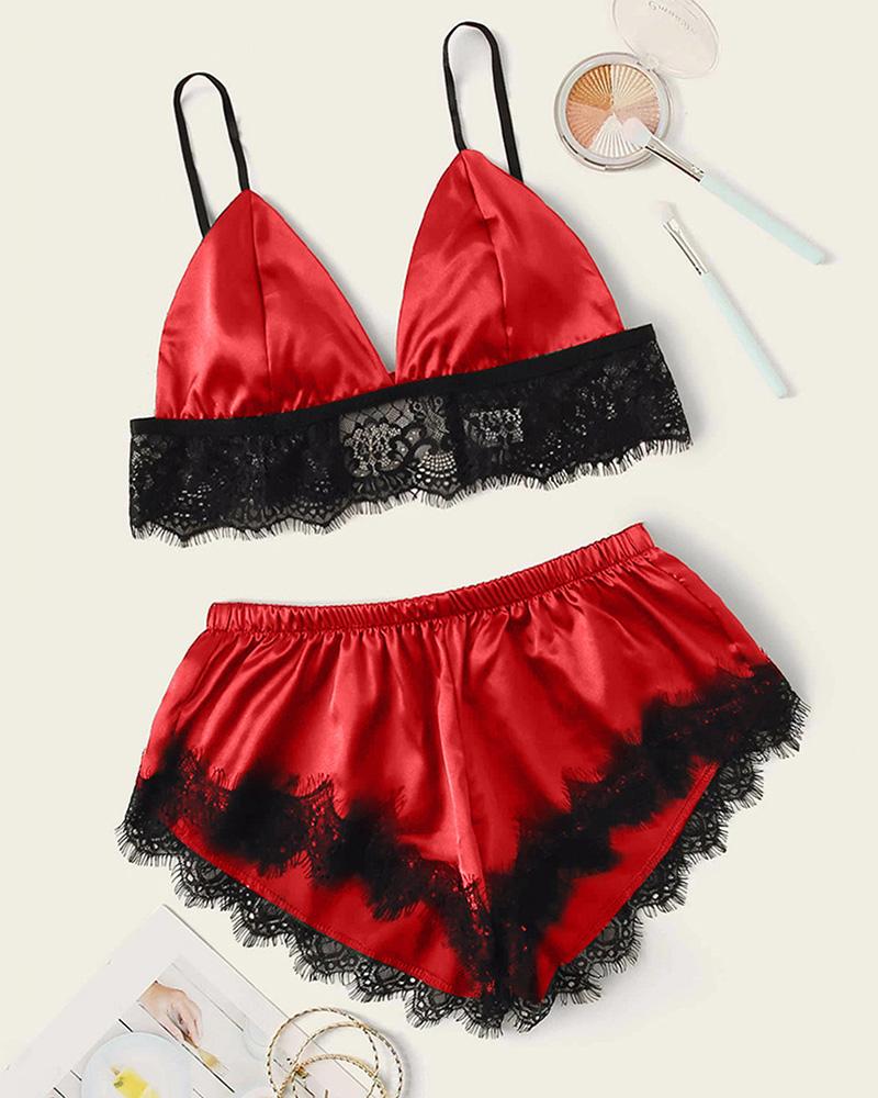

Eyelash Lace Satin Cami Set, Red