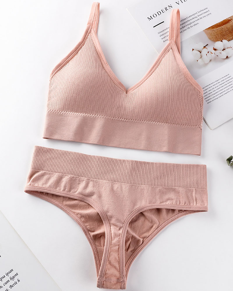 

V-Neck Sleeveless Seamless Bra Set, Pink