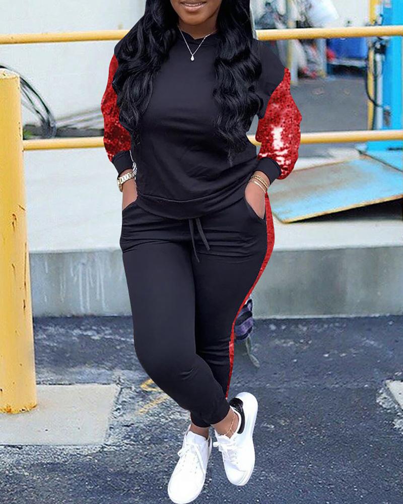 

Sequins Long Sleeve Women Top & Drawstring Waist Pants Set, Red