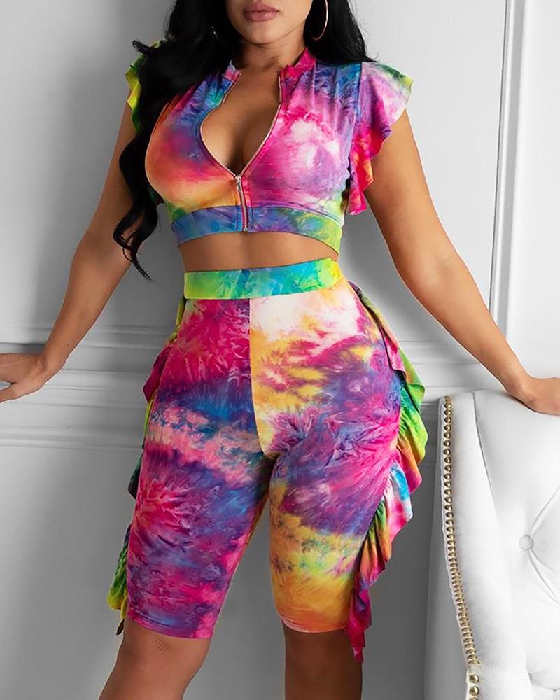 

Ruffle Hem Tie Dye Print Zipper Front Top & Shorts Set, Multicolor