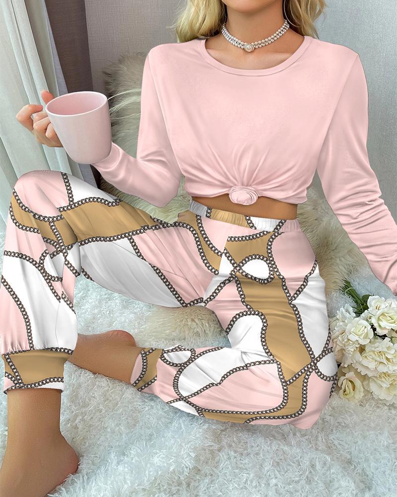 

Round Neck Chain Print Colorblock Pajamas Set, Pink