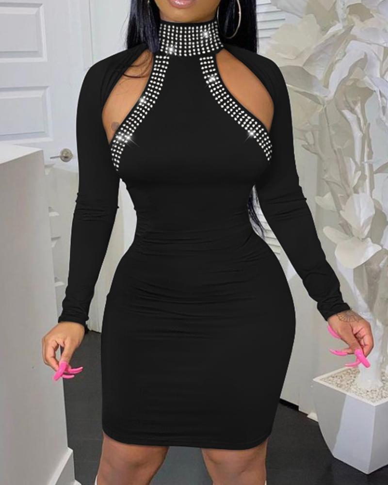 

Rhinestone Decor Cutout Long Sleeve Bodycon Dress, Black