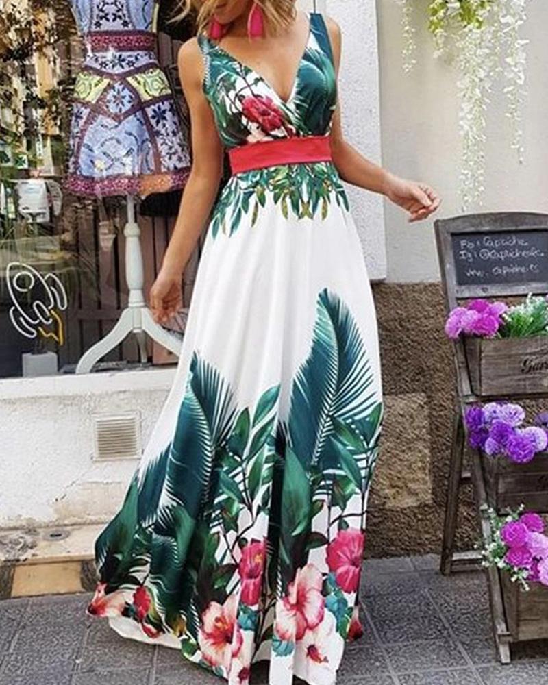 

Floral Print V Neck Sleeveless Maxi Dress, Green