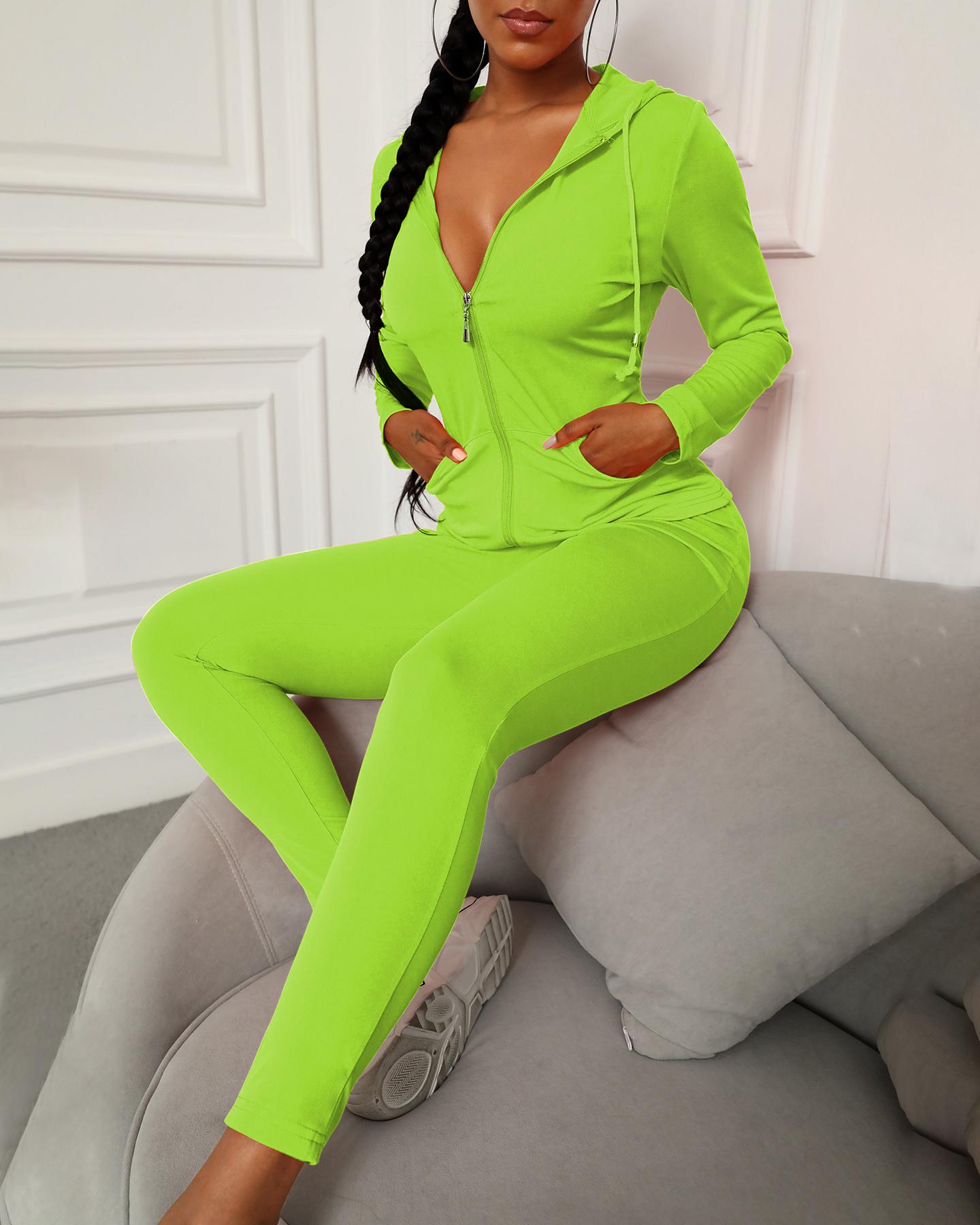 

Zipper Design Hooded Top & Fitted Pants Set, Green