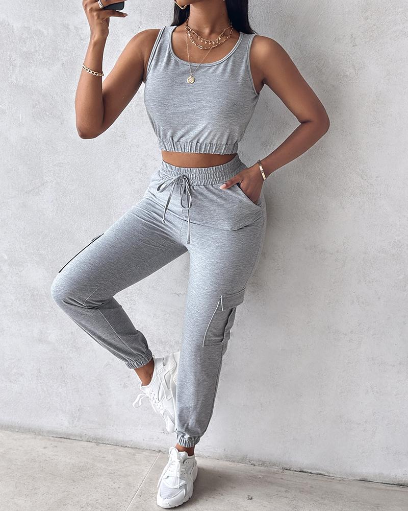 

U-Neck Tank Top & Pocket Design Cuffed Pants Set, Gray