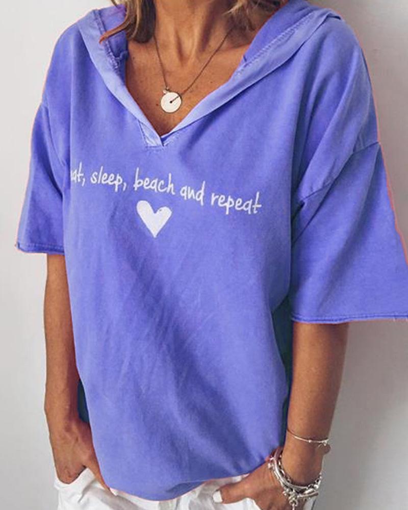 

Hooded Letter Print Casual T-shirt, Dark blue