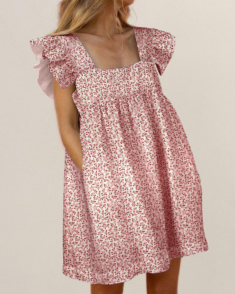 

Floral Print Square Neck Ruffles Dress, Red