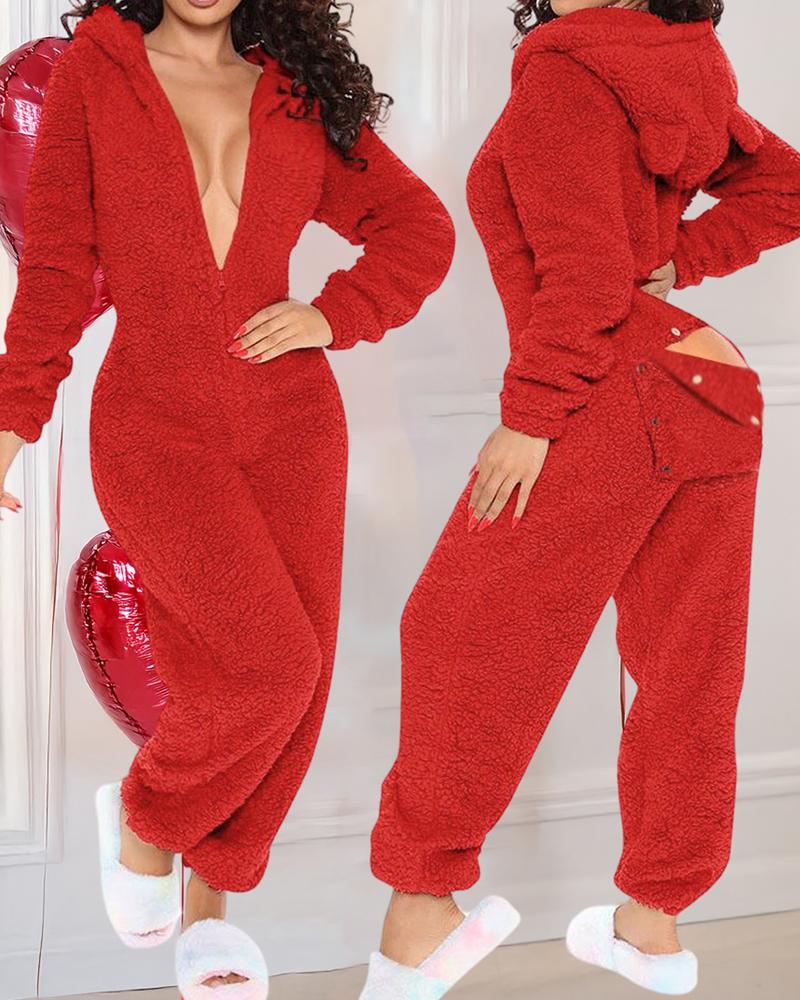 

3D Ear Buttoned Flap Functional Fluffy Lounge Jumpsuit, Red