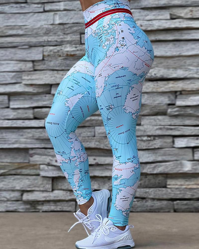 

Map Print High Waist Tummy Control Butt Lift Leggings, Lighted blue