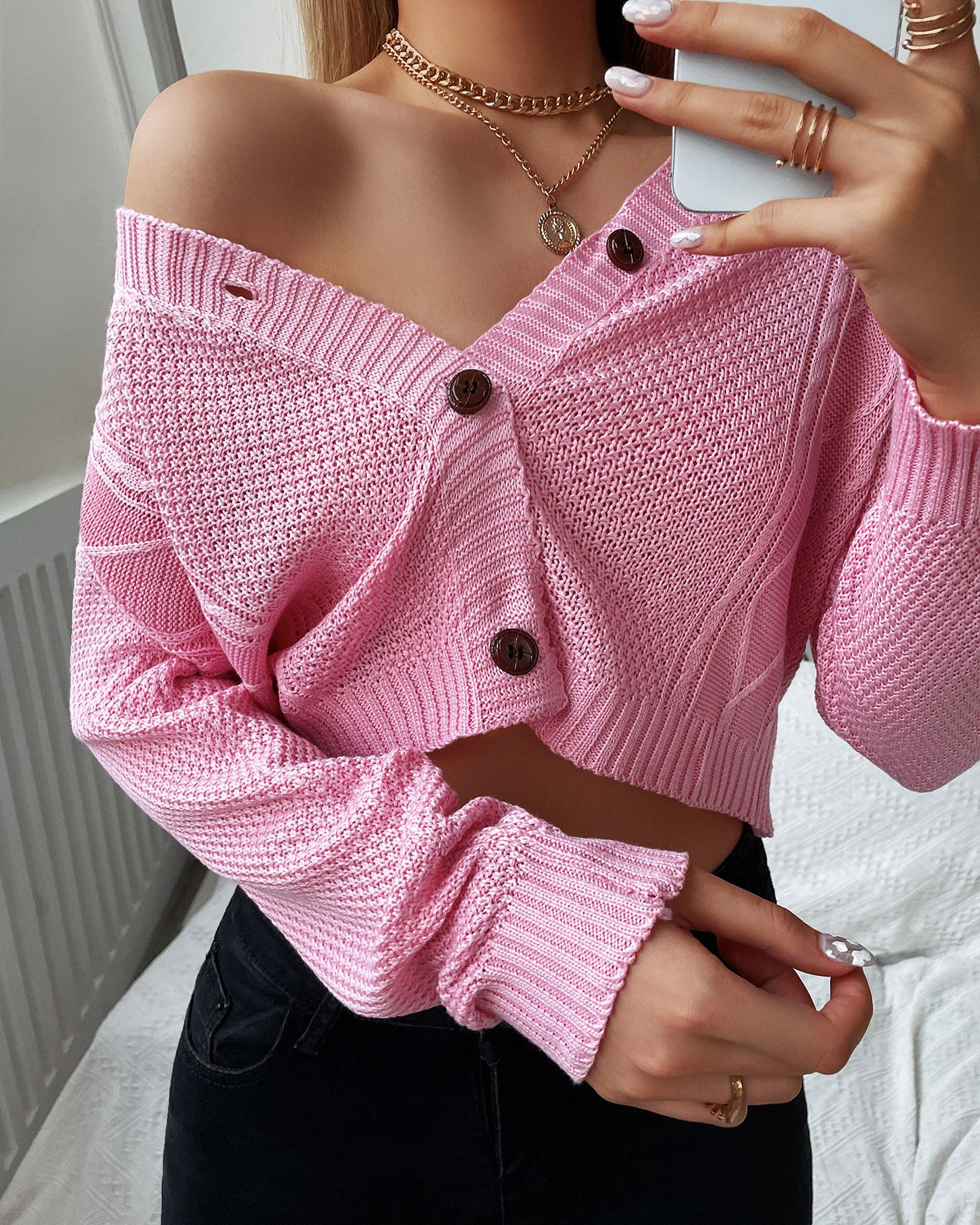 

Knit Button Design Long Sleeve Crop Cardigan, Pink