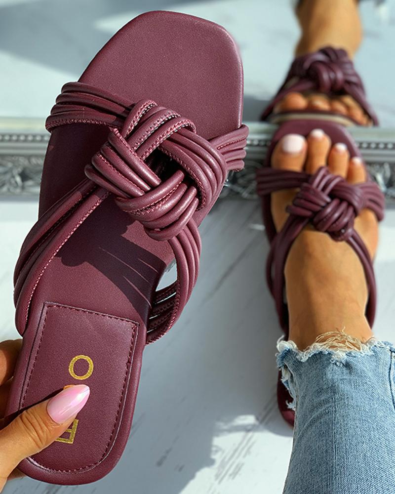 

Braided Square Toe Flat Sandals, Wine red