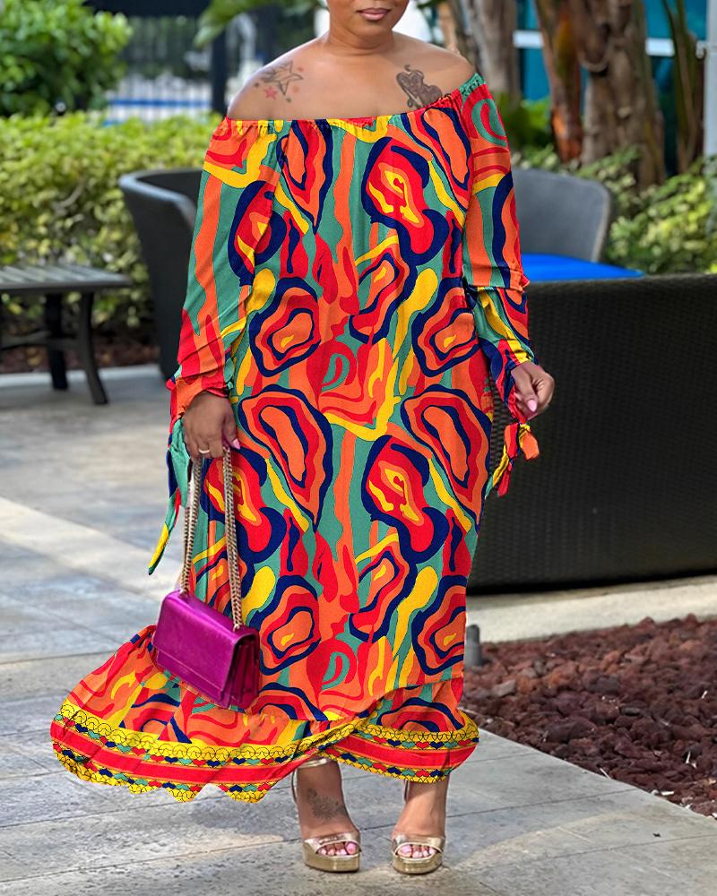 

Plus Size Multi-Color Abstract Heart Print Off Shoulder Maxi Dress, Multicolor