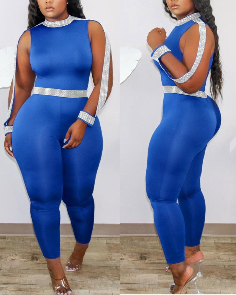 

Glitter Tape Patch Sleeveless Jumpsuit, Blue