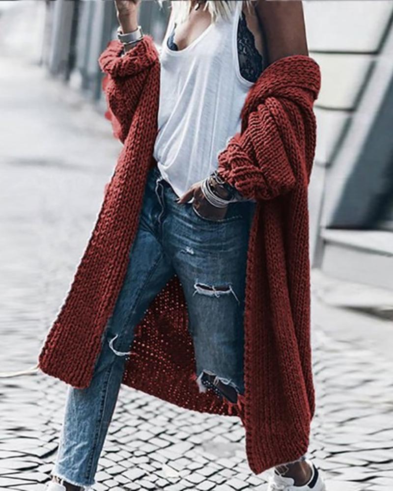 

Knit Long Sleeve Open Front Casual Cardigan, Wine red