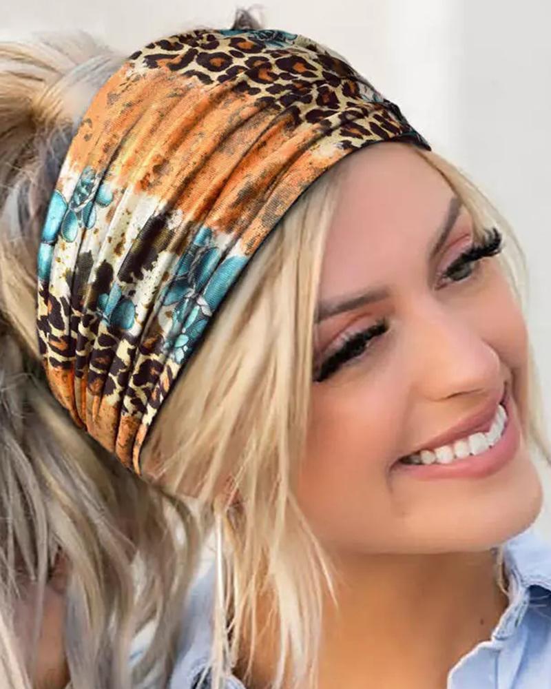 

1pc Contrast Leopard Floral Print Sports Wide Headband, Multicolor