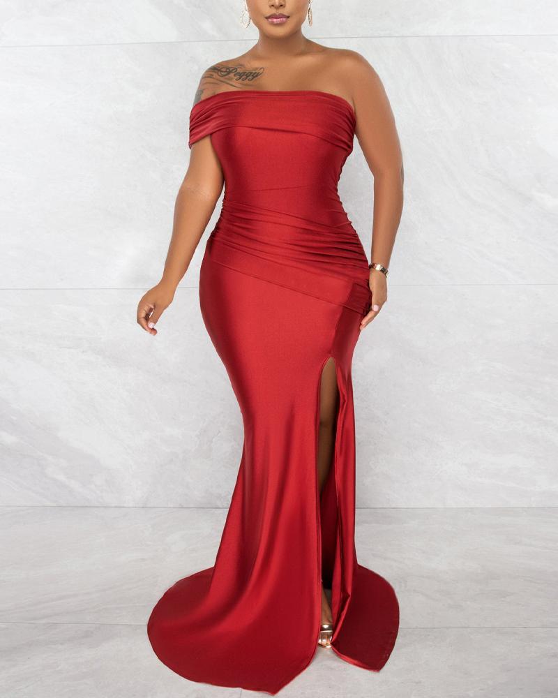 

Off Shoulder Split Thigh Ruched Mermaid Dress, Red