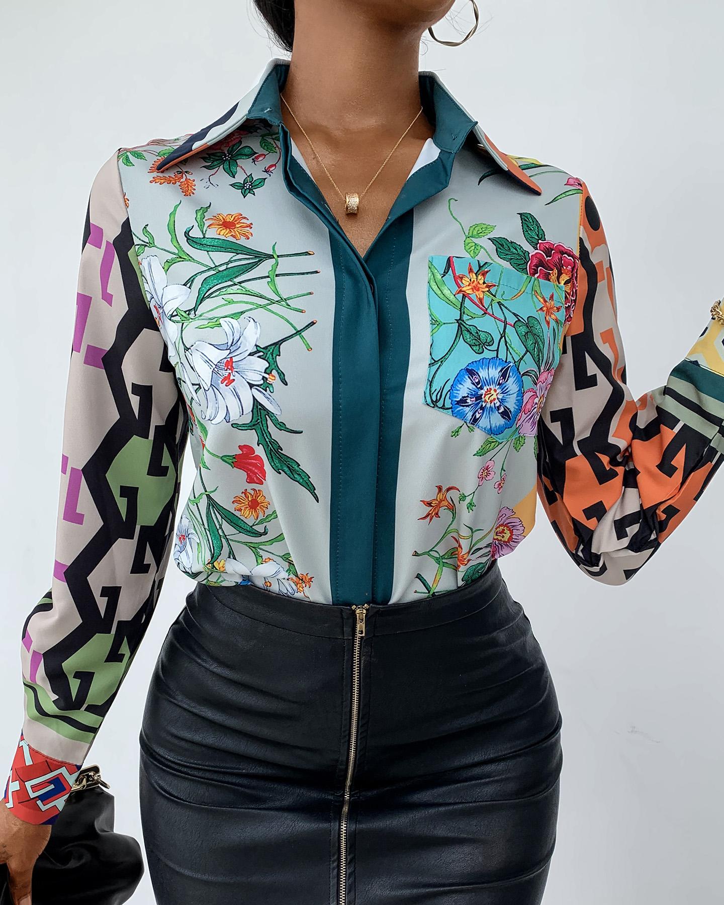 

Floral Print Lantern Sleeve Casual Shirt, Green