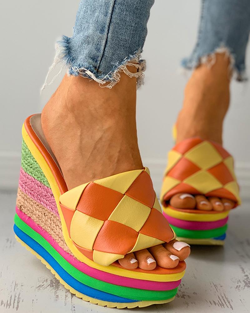 

Plaid Pattern Colorblock Espadrille Wedge Sandals, Orange