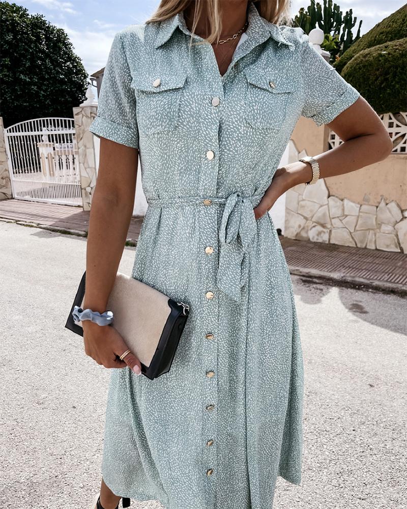 

Lace-up All Over Print Short Sleeve Skinny Waist Maxi Dress, Green