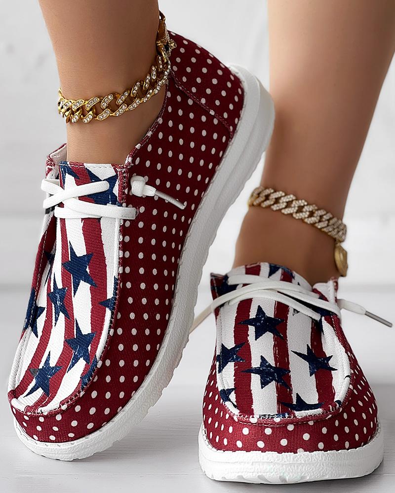 

Independence Day Polka Dot Flag Print Canvas Loafers, White&red