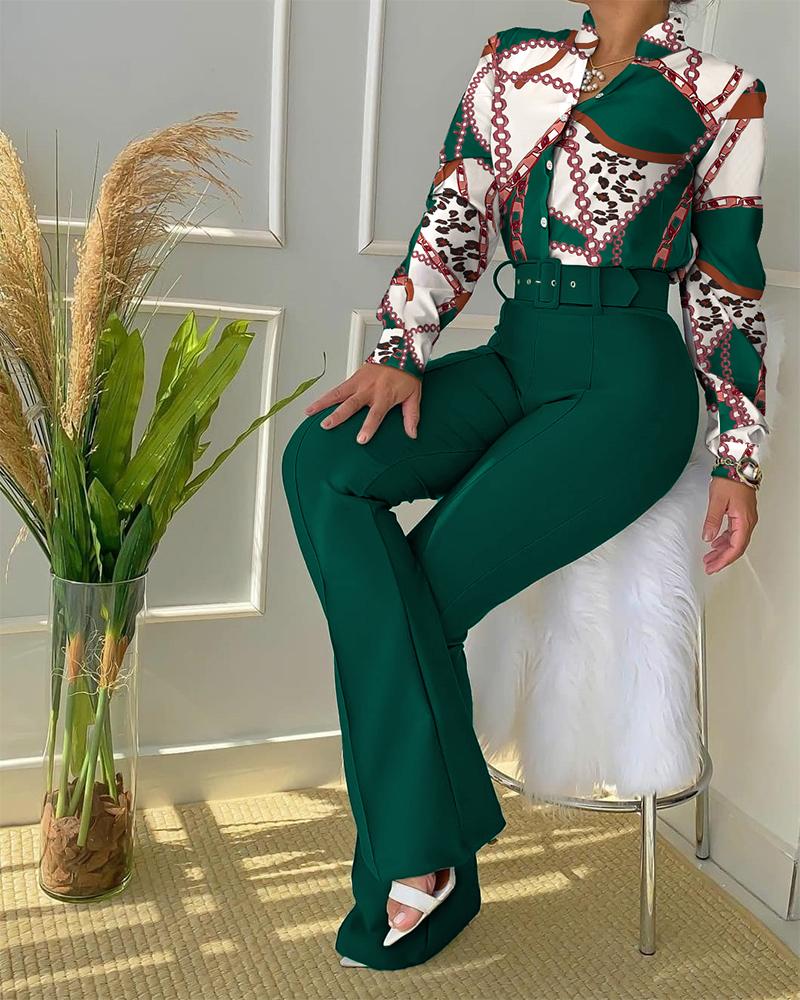 

Chain Scarf Print Button Down Shirt & Bootcut Pants Set, Green
