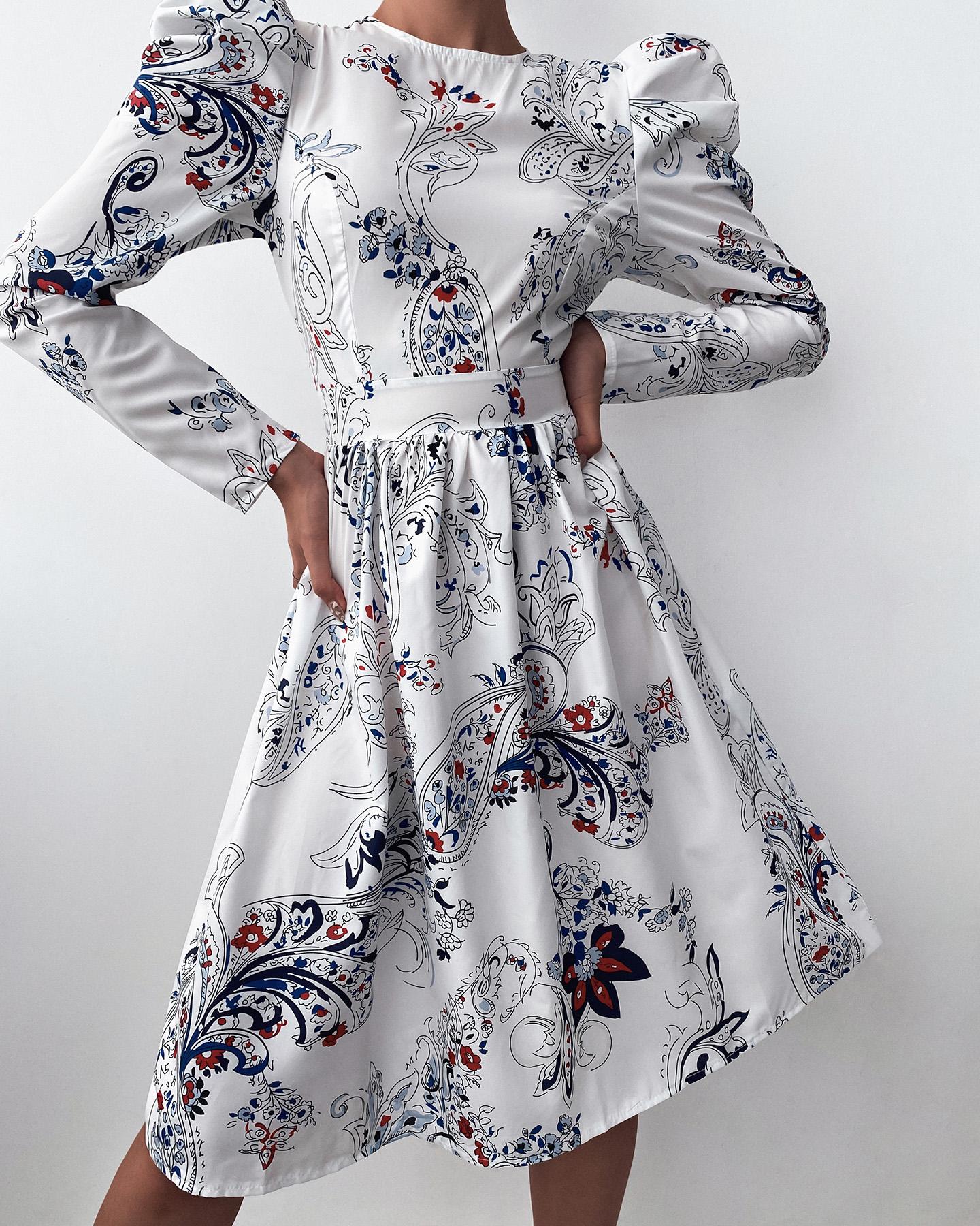 

Puff Long Sleeve Floral Print Dress, White