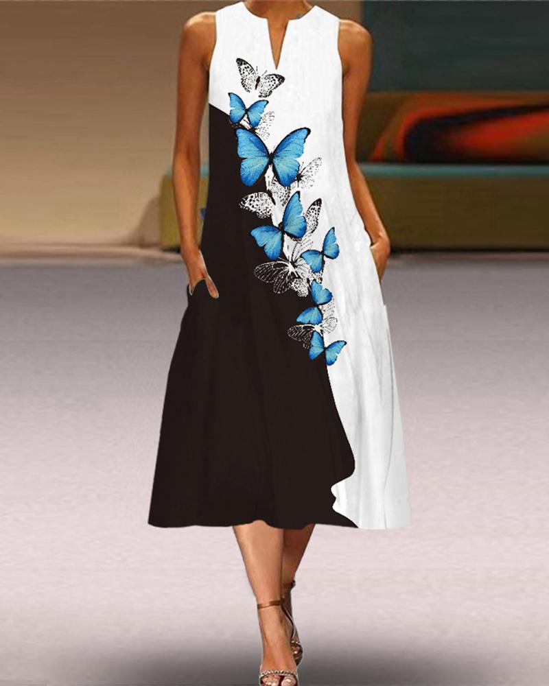 

Colorblock Butterfly Print Sleeveless Casual Dress, Black