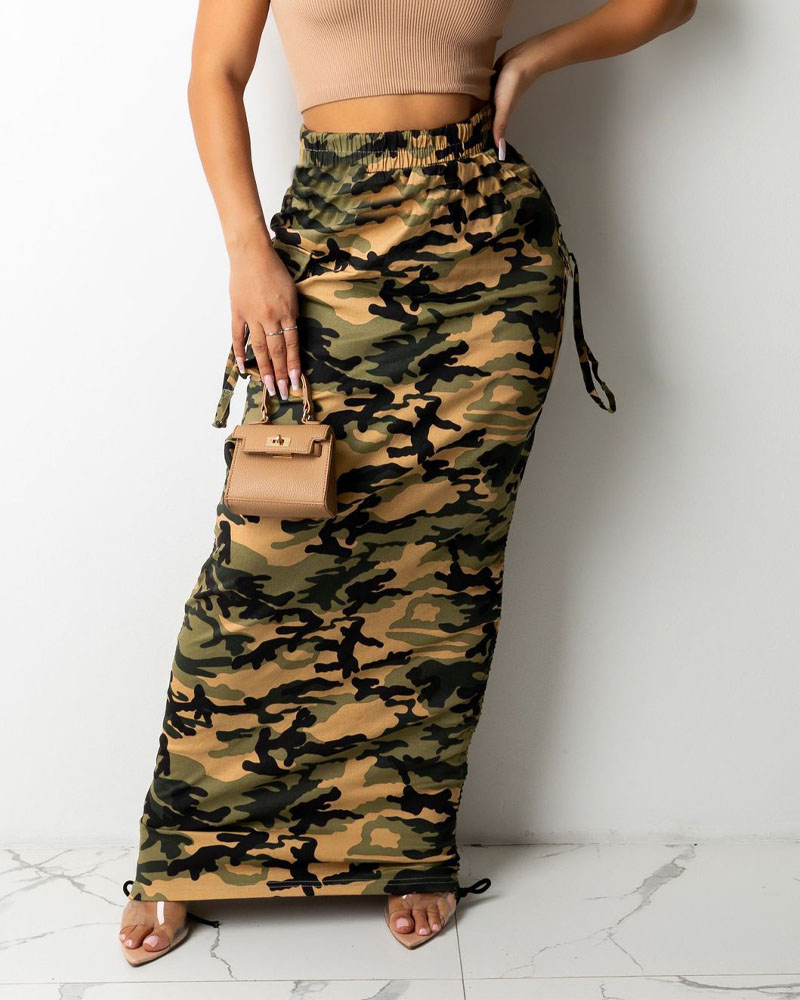 

Camo Print Drawstring Ruched Pocket Detail Maxi Skirt, Green