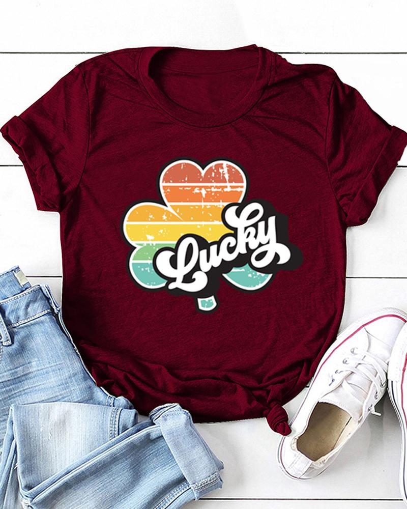 

St.Patrick' Day Letter & Clover Print Short Sleeve T-Shirt, Wine red