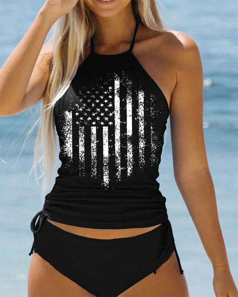 

Backless Flag Print Drawstring Tankini Set, Black