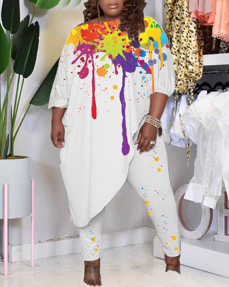 

Plus Size Ink Splash Print Asymmetrical Top & Pants Set, White
