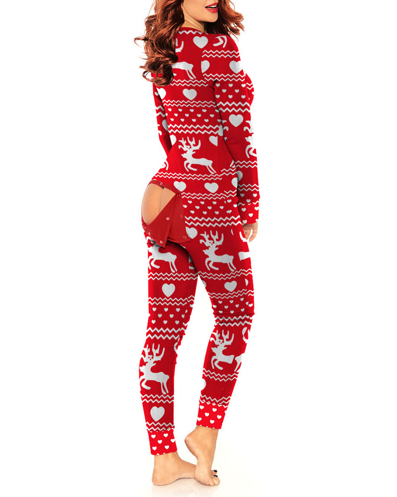 

Christmas Cutout Functional Buttoned Flap Adults Pajamas, Red