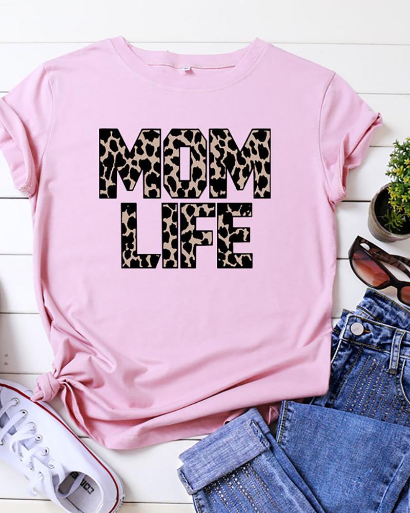 

Letter Cheetah Print Short Sleeve T-shirt, Pink