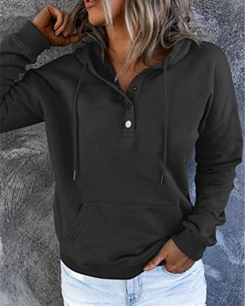 

Button Detail Long Sleeve Drawstring Hoodie, Black