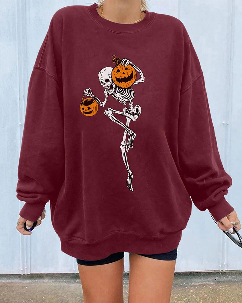 

Halloween Pumpkin Skeleton Print Long Sleeve Sweatshirt, Wine red