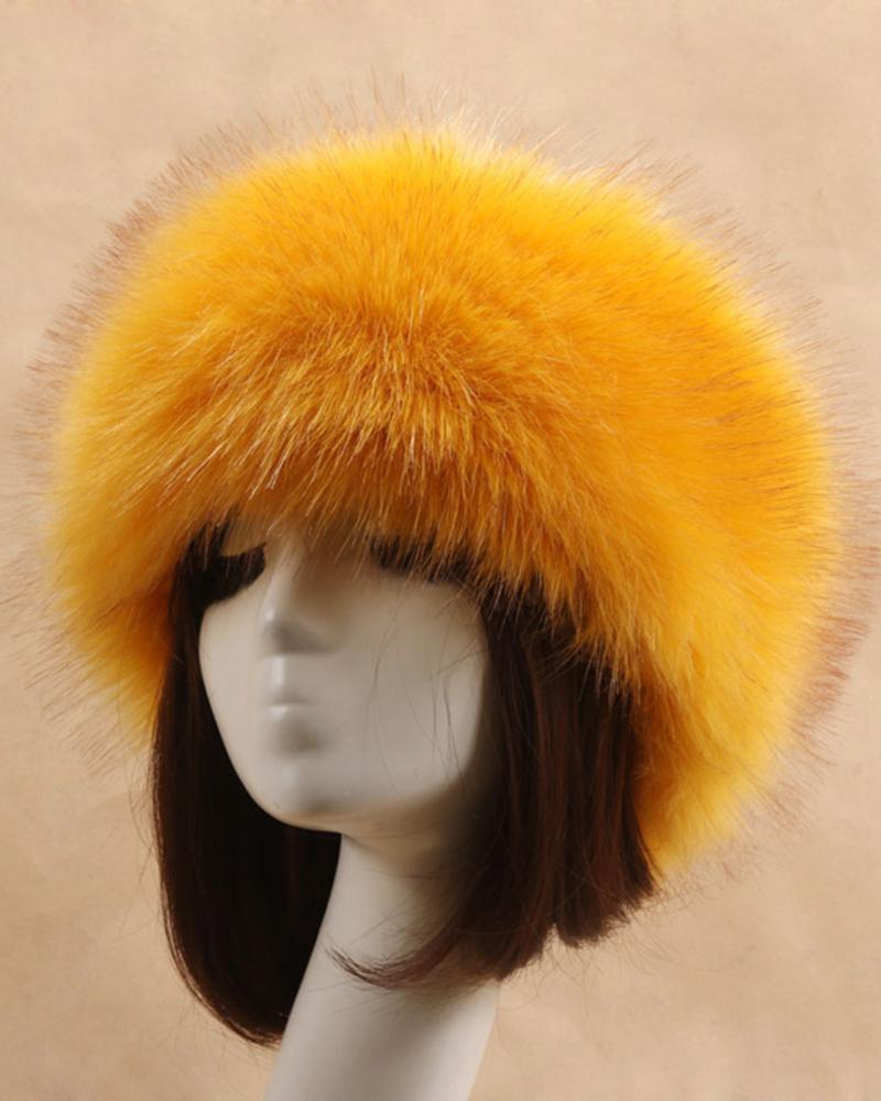 

Fluffy Fake Faux Fur Headband Winter Earmuff Warm Winter Hat Ski Skull Cap, Yellow