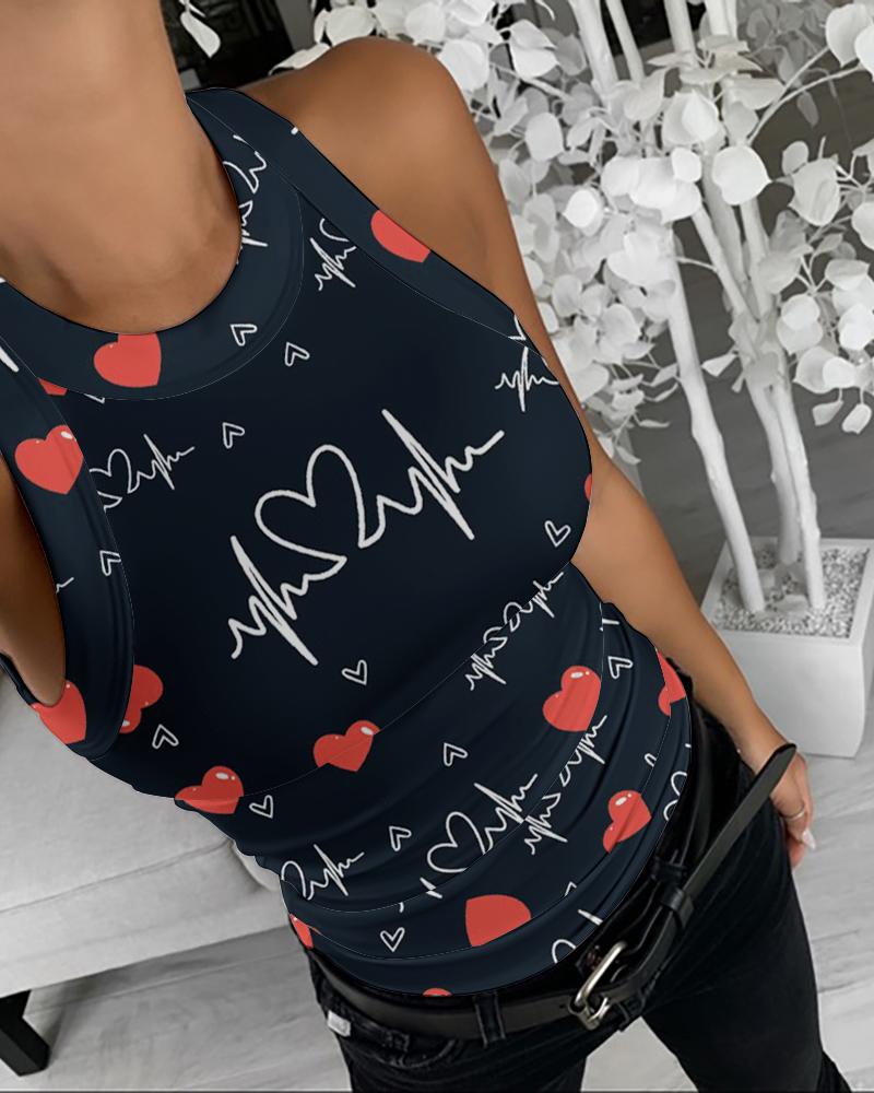 

Valentine' Day Heart Print Casual Tank Top, Blue