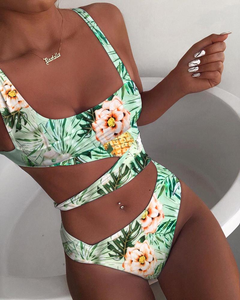 

Tropical Print Cutout One-Piece Swimsuit, Green