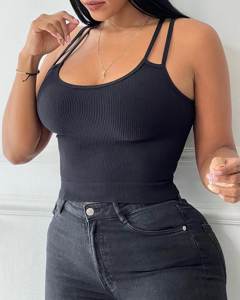 

Double Strap U-Neck Crop Tank Top, Black