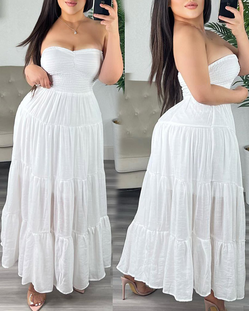 

Bandeau Shirred Casual Flared Dress, White