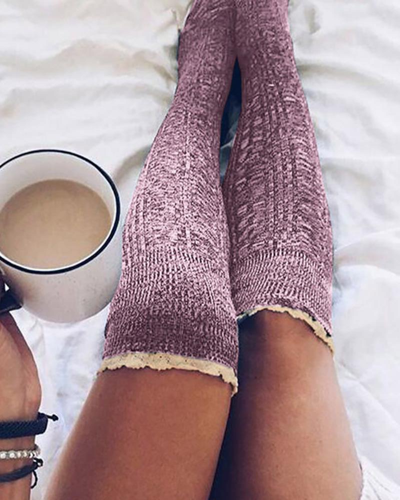 

Lace Trim Colorblock Over The Knee Socks, Pink