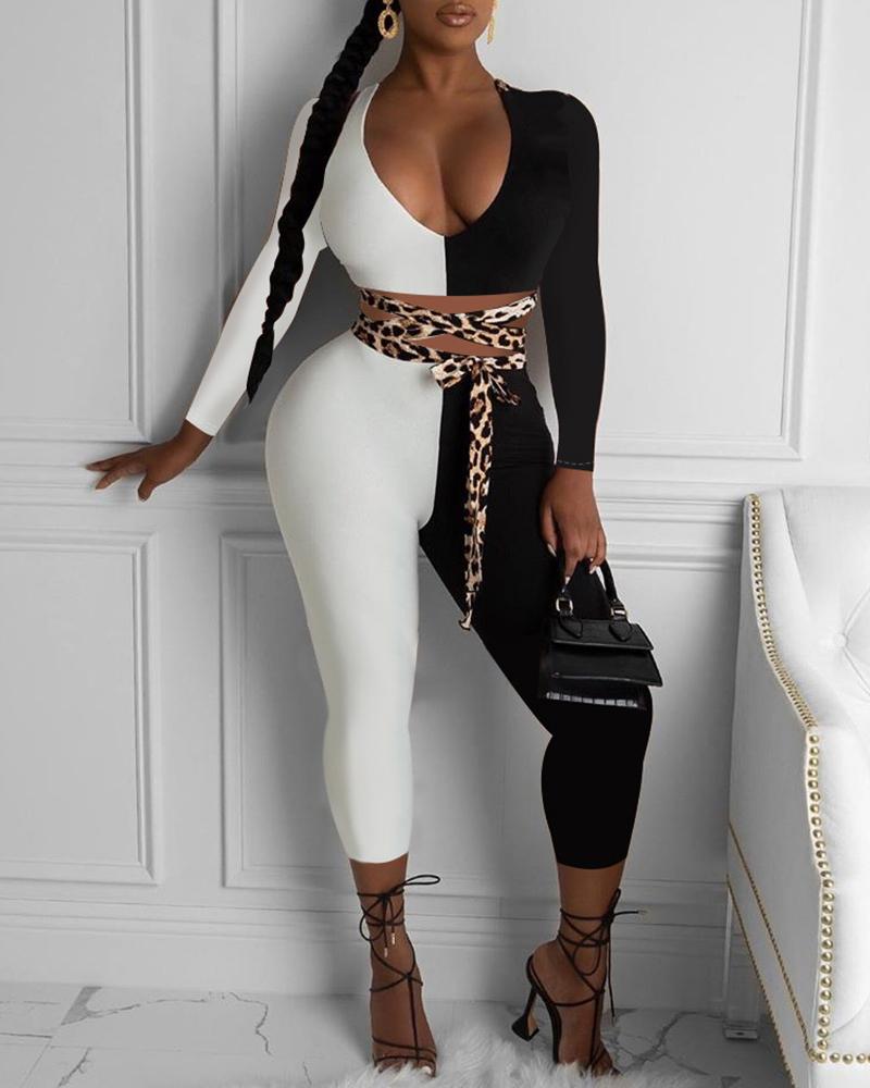 

Colorblock Cheetah Print Bandage Top & Cropped Pants Set, Black