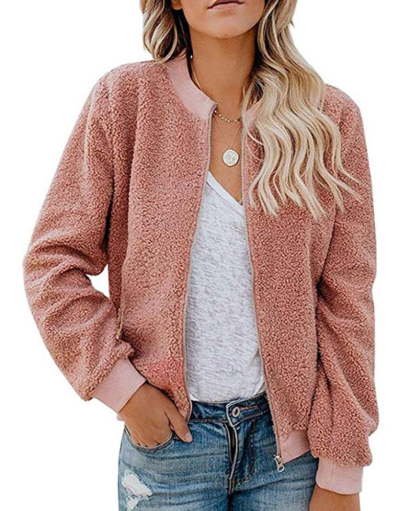 

Zip Front Long Sleeve Teddy Jacket, Pink