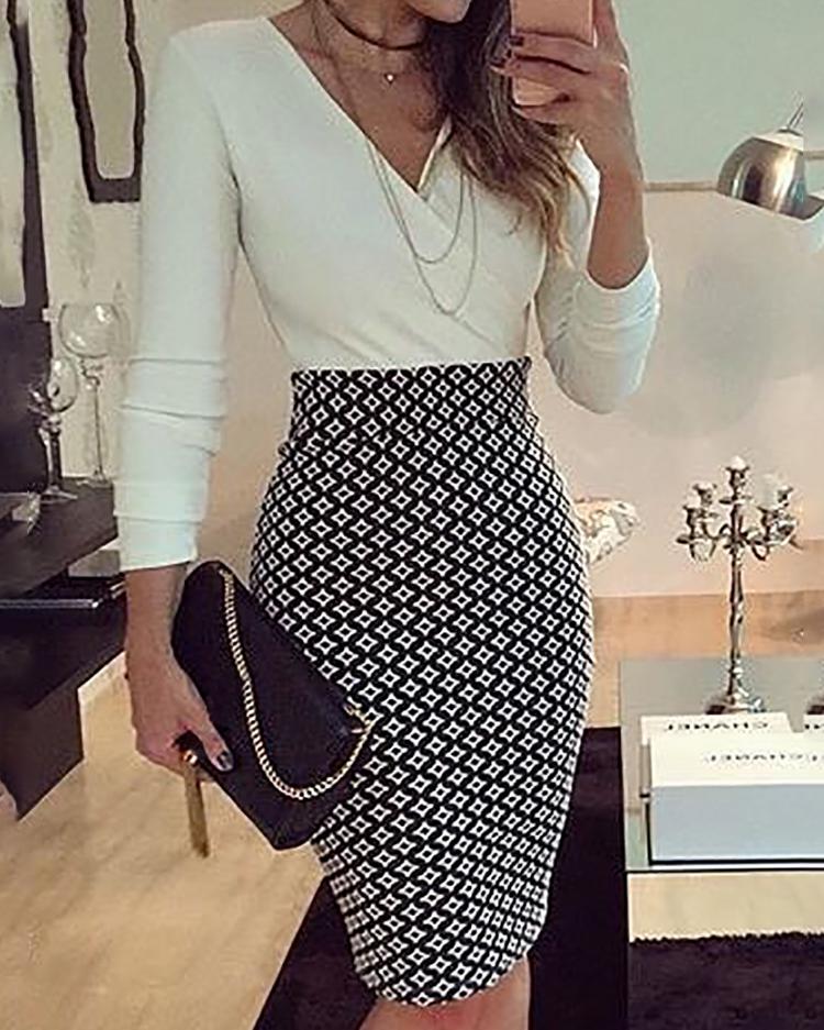 

V-Neck Wrap Geo Print Splicing Dress, White